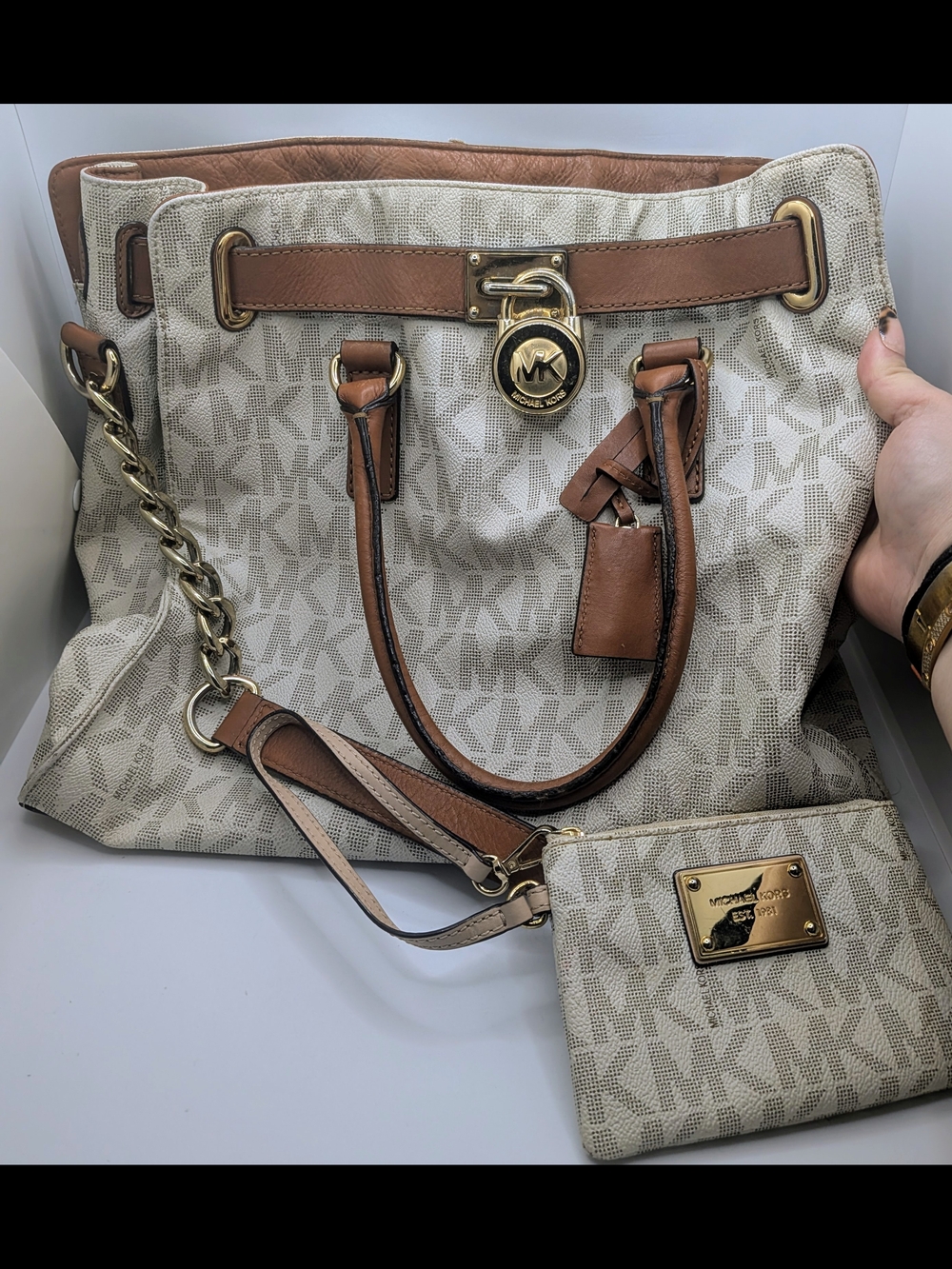 Michael Kors Beige and Brown Large Signature Tote with Matching Wristlet